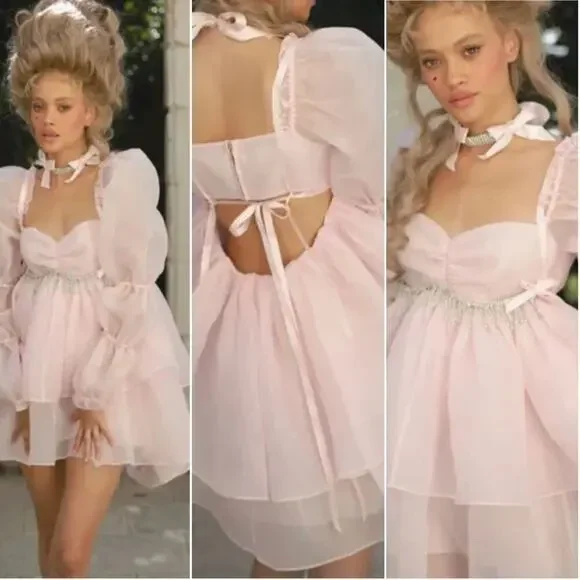 Selkie Ballerina Pink Long Sleeve Tiered Chiffon Puff Mini Moonlight Dress - Picture 4 of 10